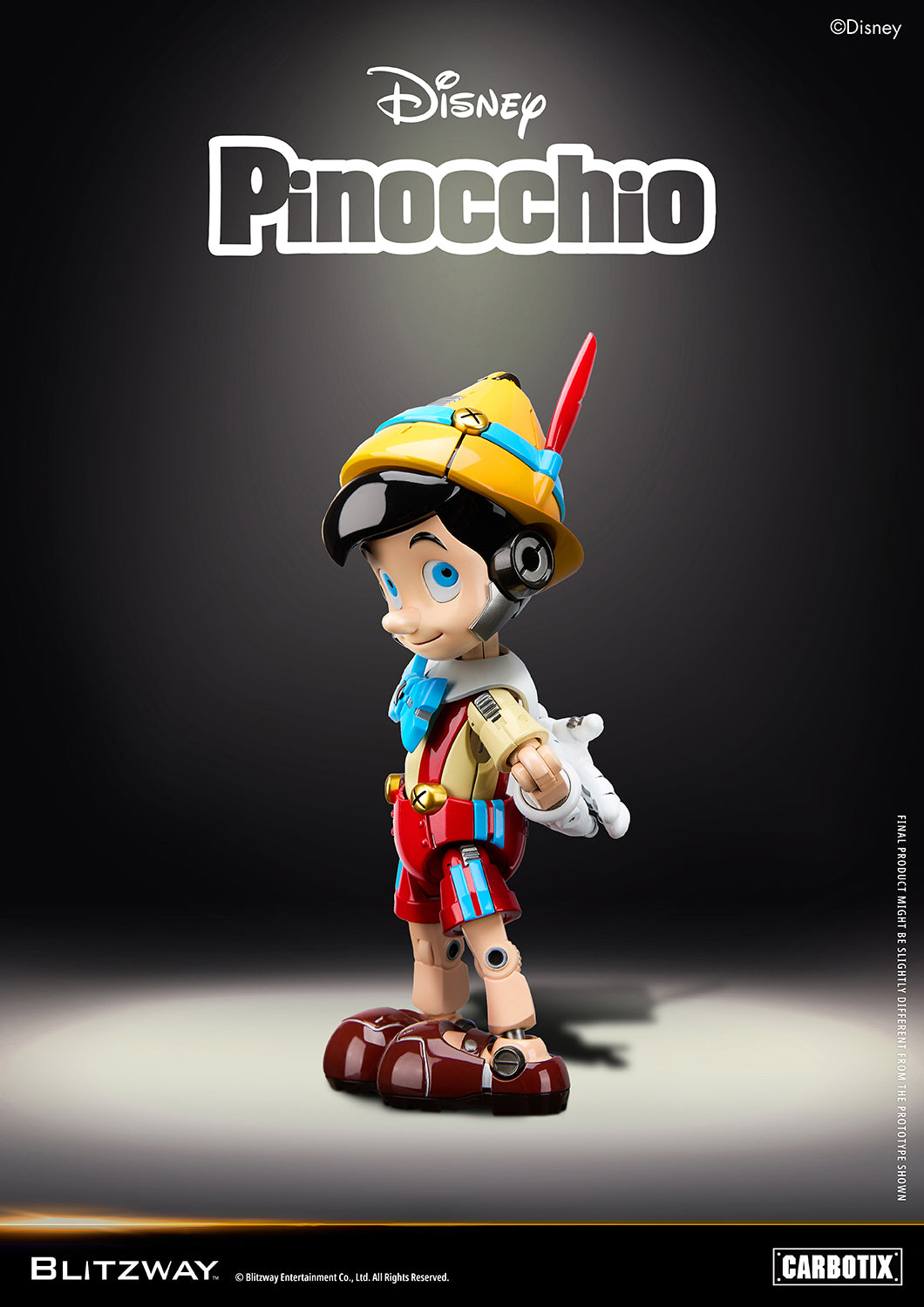 Blitzway Carbotix Disney Pinocchio articulated action figure side view with red feather hat, blue bow tie, red shorts, and dark brown shoes, displaying detailed joint mechanics against a dark studio background