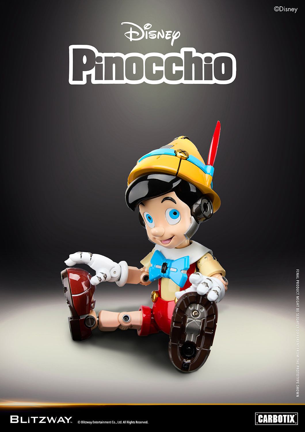 Blitzway Carbotix Disney Pinocchio articulated action figure in a sitting pose with legs extended, showcasing detailed shoe joint mechanics and blue bow tie against a dark studio background