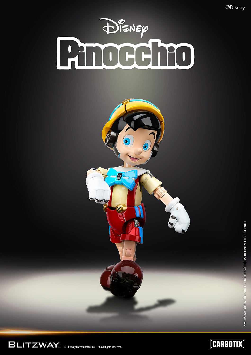 Blitzway Carbotix Disney Pinocchio articulated action figure in a walking pose balanced on one foot, showcasing detailed joint mechanics on yellow hat, blue bow tie, and red shorts against a dark studio background