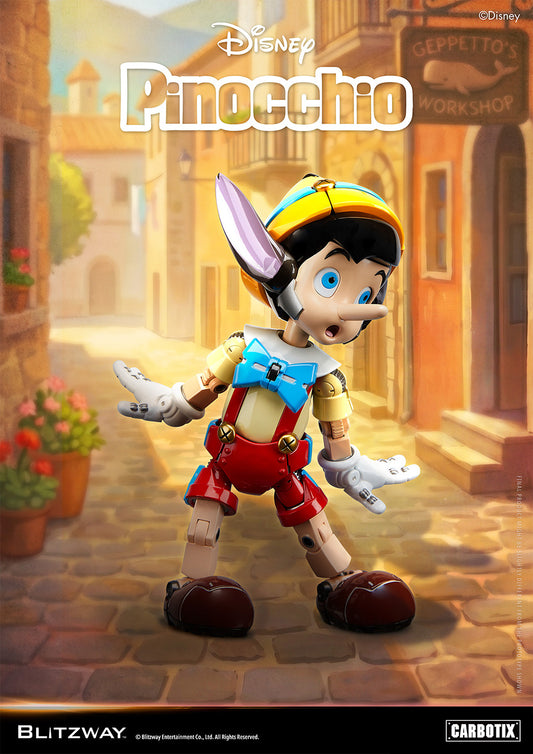 Blitzway Carbotix Disney Pinocchio articulated action figure with yellow hat, blue bow tie, red shorts, and dark brown shoes, posed against a colorful cartoon Italian village street background near Geppetto's Workshop