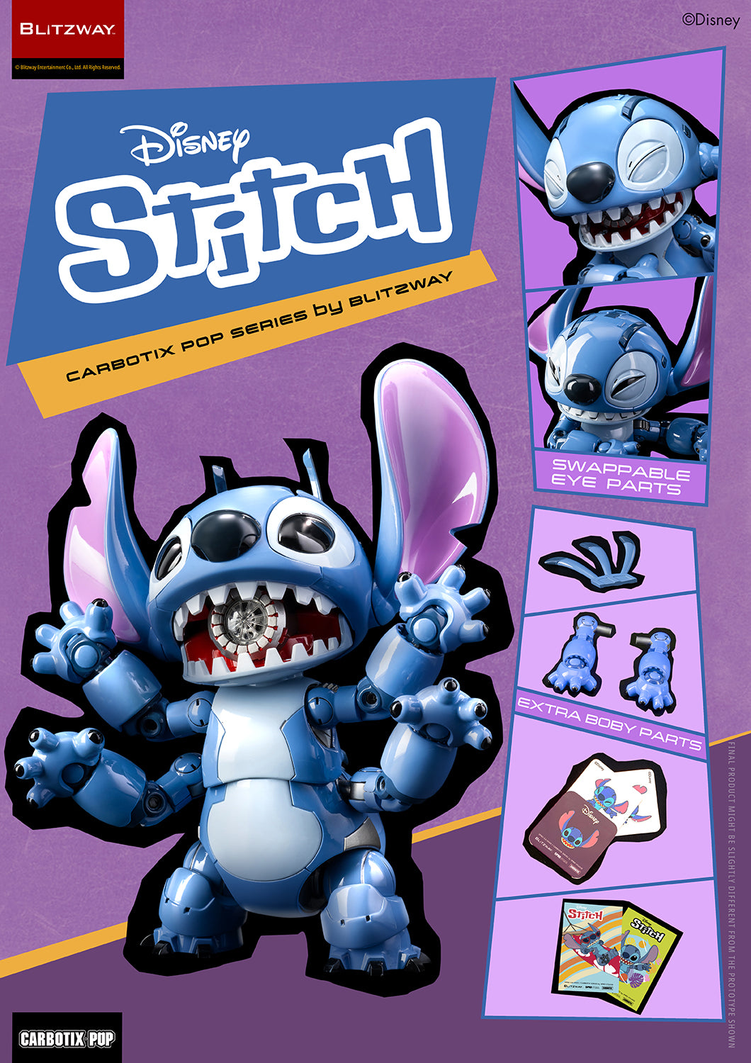 Blitzway Carbotix Pup Disney Stitch action figure accessories overview showing swappable eye parts, extra body parts including antenna and claw hands, and included collector cards on a purple background