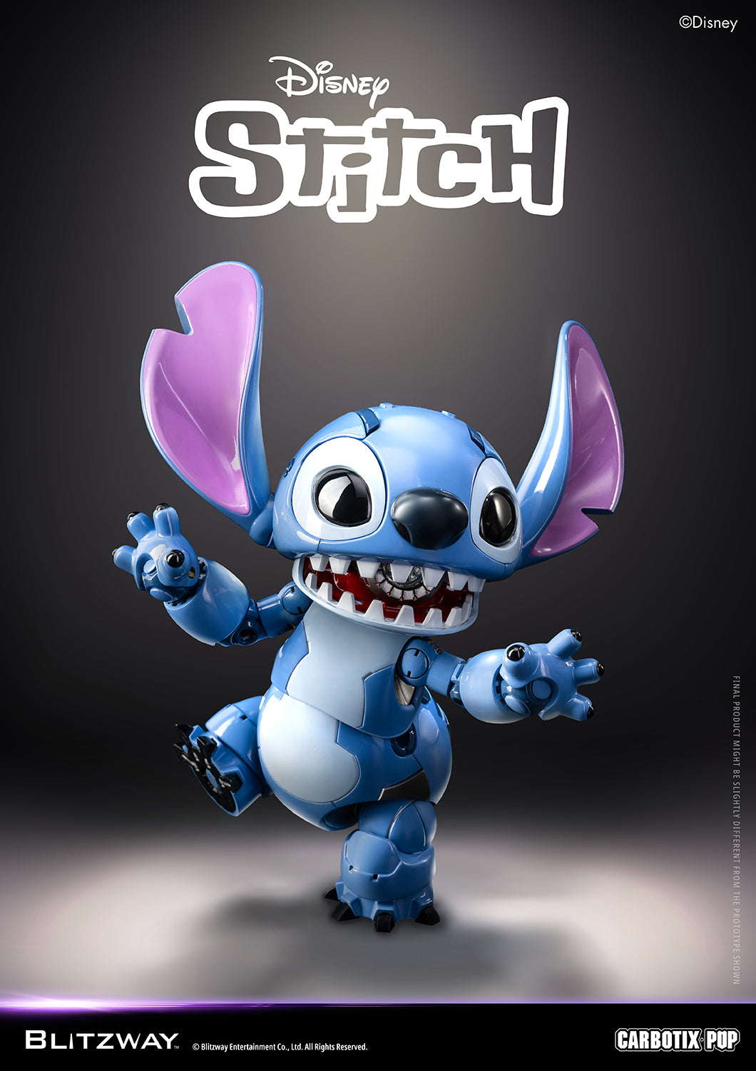 Blitzway Carbotix Pup Disney Stitch articulated action figure with pink ears raised, grinning with open mouth and claws spread in a playful pose, displaying full-body joint details against a dark studio background