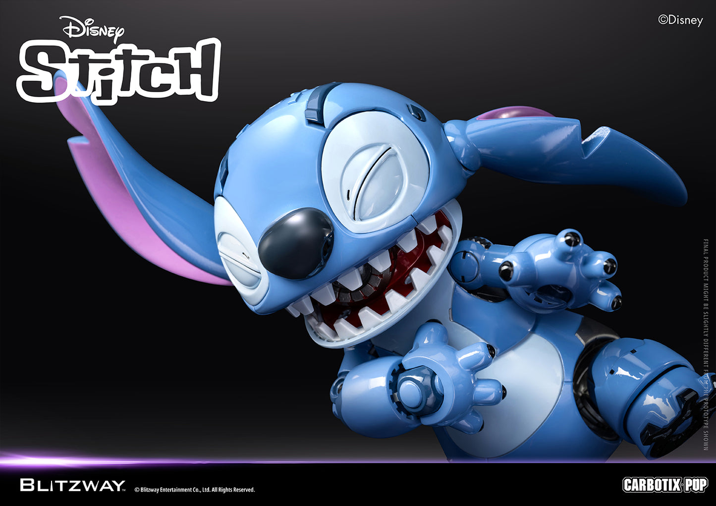 Blitzway Carbotix Pup Disney Stitch action figure close-up showing detailed face sculpt with open mouth, pink inner ears, squinting eyes, and articulated blue claws against a dark background