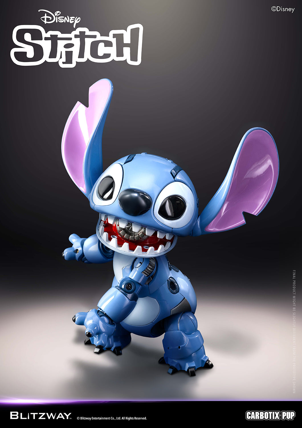 Blitzway Carbotix Pup Disney Stitch articulated action figure in a crouching grinning pose with both ears up and open mouth, showcasing detailed blue body joint mechanics against a dark studio background