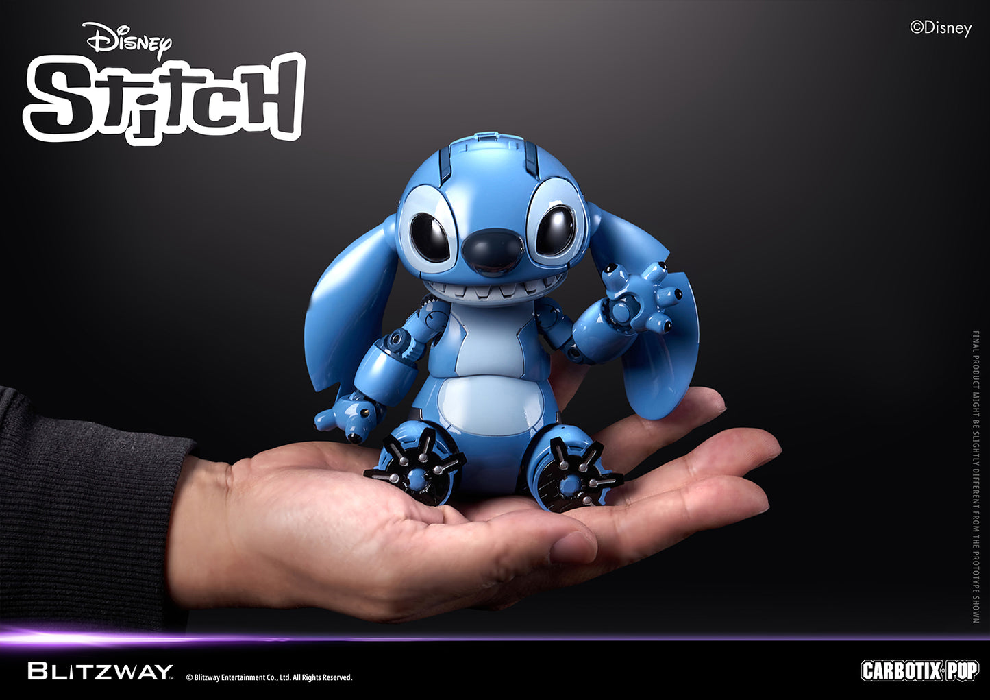 Blitzway Carbotix Pup Disney Stitch articulated action figure sitting on a human hand, showing the compact collectible size with ears folded down and detailed black claw undersides against a dark background