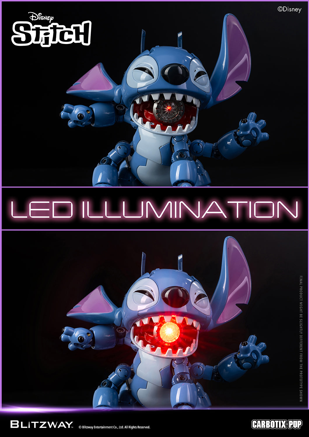Blitzway Carbotix Pup Disney Stitch articulated action figure comparison showing LED illumination feature off and on, with glowing red light inside the open mouth engine detail against a dark background