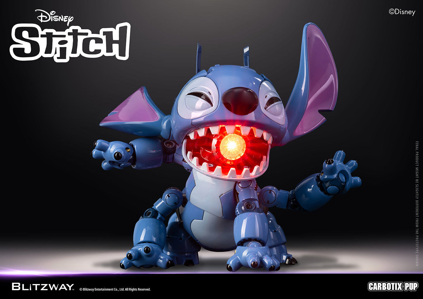 Blitzway Carbotix Pup Disney Stitch articulated action figure with glowing red LED light inside open mouth, showcasing the illuminated inner engine detail and pink ears against a dark studio background