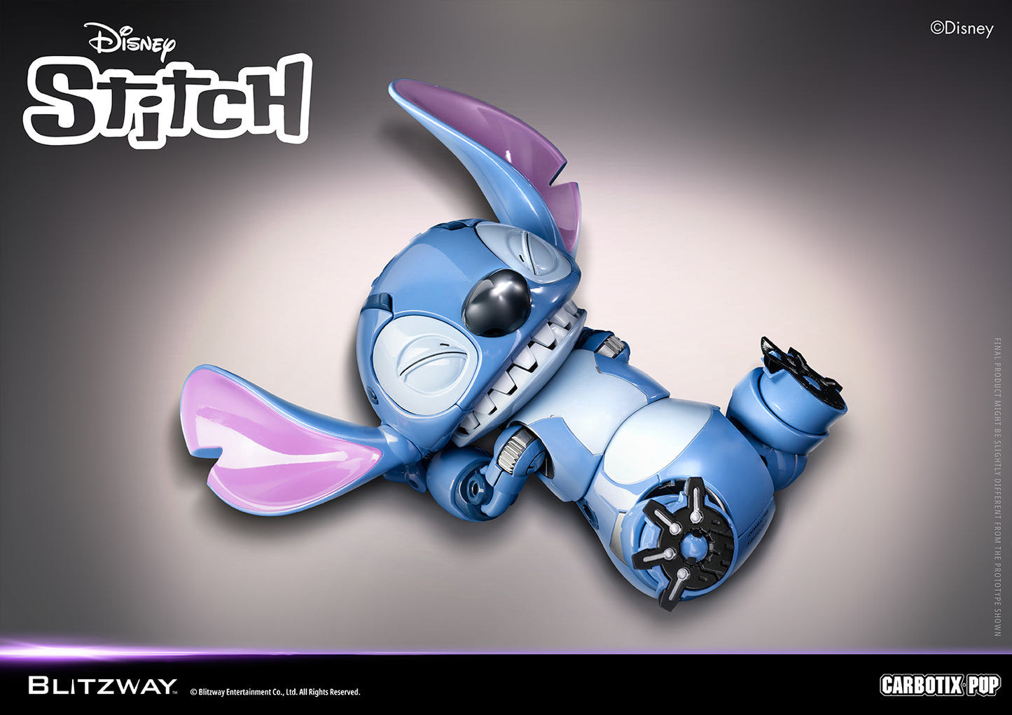 Blitzway Carbotix Pup Disney Stitch articulated action figure in a relaxed lying down pose with pink ears spread, showcasing detailed blue body and leg joint mechanics against a light studio background