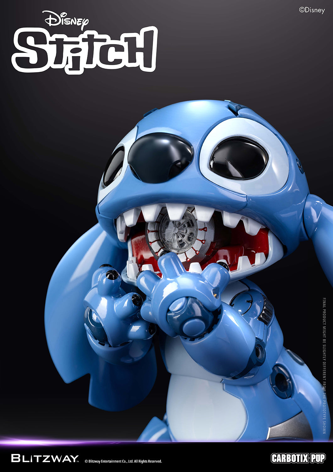 Blitzway Carbotix Pup Disney Stitch action figure close-up showing detailed open mouth with inner mechanical engine detail, large black eyes, and articulated blue claws against a dark background