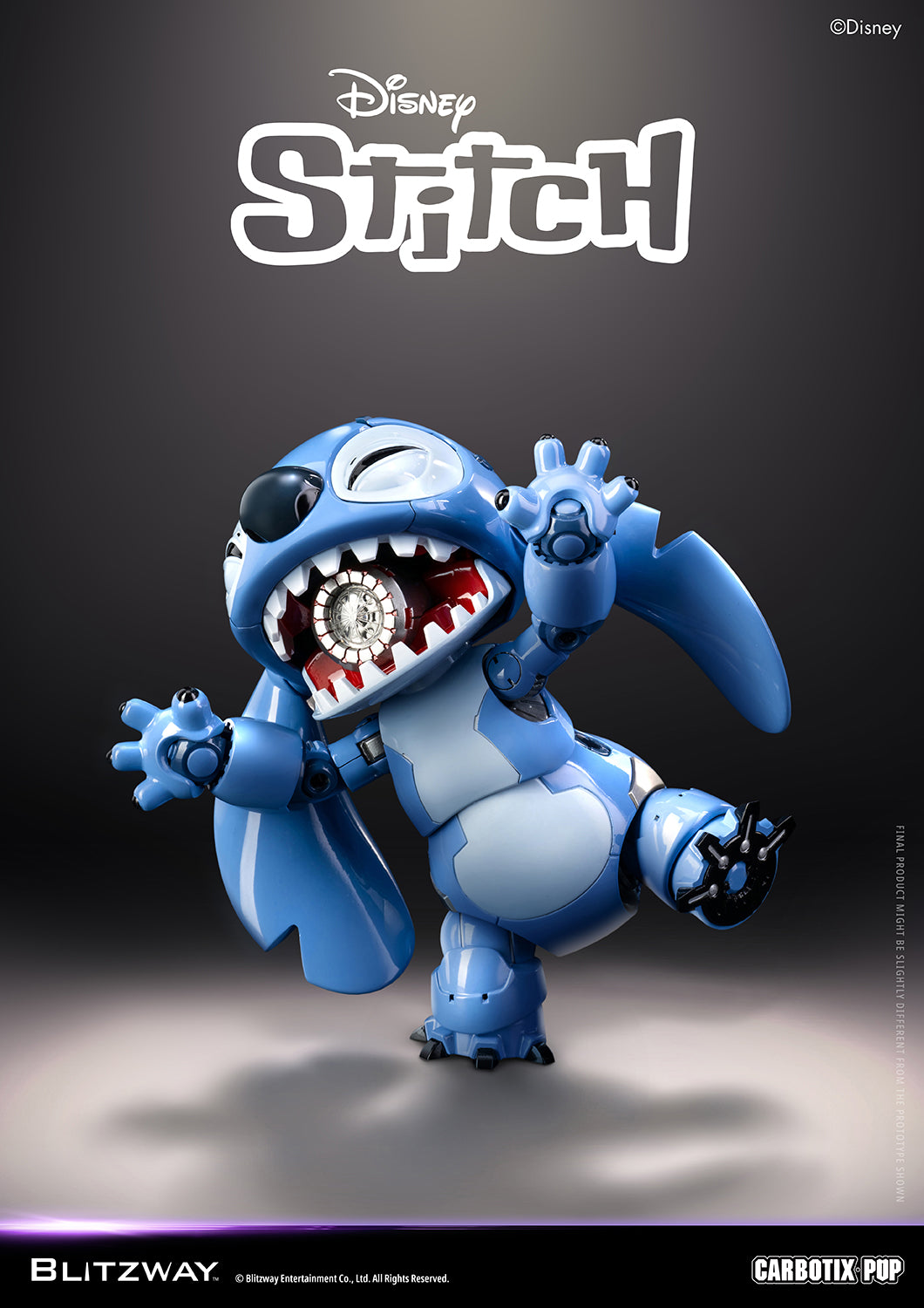 Blitzway Carbotix Pup Disney Stitch articulated action figure in a roaring attack pose with open mouth revealing inner mechanical detail, one leg raised and claws spread against a dark studio background