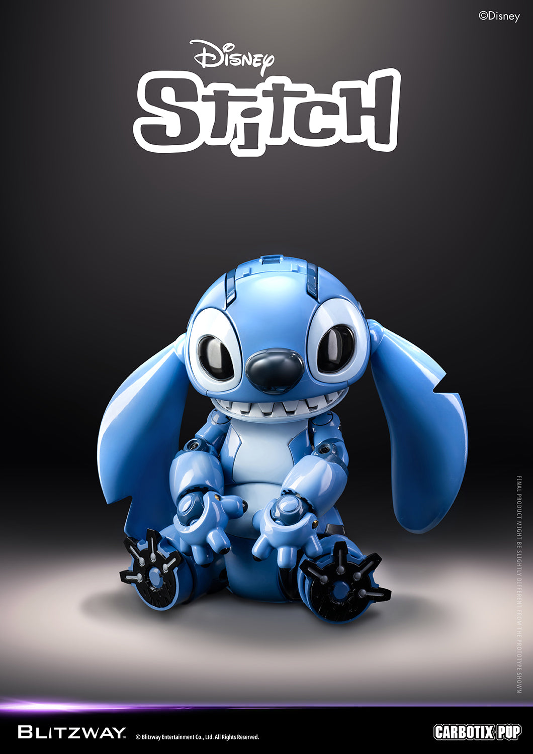 Blitzway Carbotix Pup Disney Stitch articulated action figure in a cute sitting pose with ears folded down, showing detailed blue body joint mechanics and LED-lit head against a dark studio background
