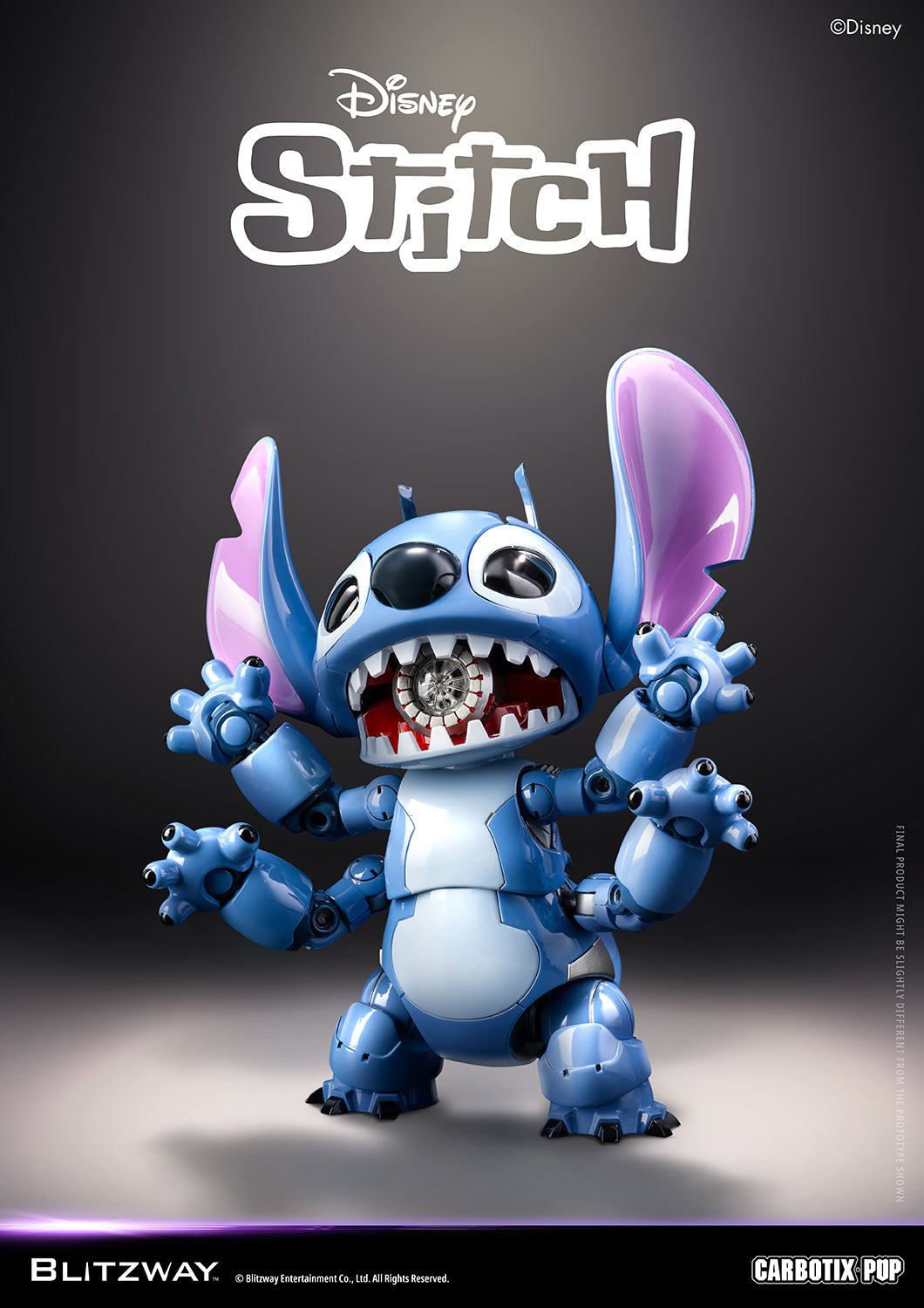Blitzway Carbotix Pup Disney Stitch articulated action figure displaying all six arms with pink ears raised and open mouth revealing inner mechanics, showcasing the alien extra limb feature against a dark studio background