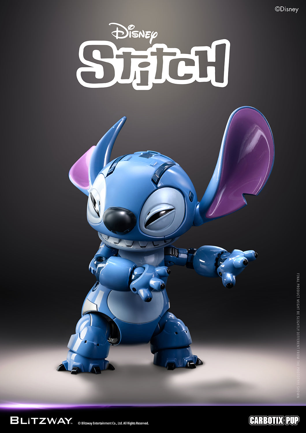 Blitzway Carbotix Pup Disney Stitch articulated action figure in a smirking confident pose with arms crossed and one ear raised, showcasing detailed blue body joint mechanics against a dark studio background